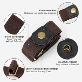WHIPPY No Buckle Stretch No Show Belt for Men 1.38 inches Wide, Buckless Invisible Elastic Belt for Jeans Pants (Coffee, Small Size 30-48 inches)