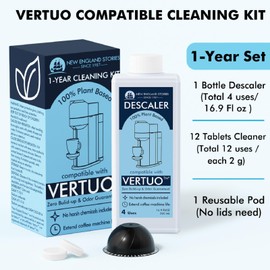 (12 Months Supply) Nespresso Compatible Vertuo Descaling Kit, Odorless Coffee Brewer Machine Descaler Set, Liquid Descaling Solution for Nespresso, Includes Reusable Pod and 12 Cleaning Tablets
