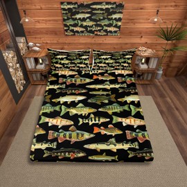 Feelyou Kids Fishing Fitted Sheet Twin Size Vintage Pike Fish Bed Sheet Set for Boys Girls Room Decor Fishing and Hunting Bedding Set Women Men Bed Cover Deep Pocket,Top Sheet Not Included