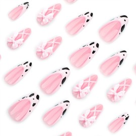 Pink Bow Ribbon Press on Nails Milk Cow French Tip Fake Nails Long Almond Acrylic Nails Glossy Reusable Stick on Nails for Women DIY Glue on Nails