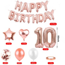 HCRXVV Rose Gold 10th Birthday Girl Party Decoration Set 10th Balloons Birthday Teenager Girls Happy Birthday Garland Birthday Decoration for 10 Years Birthday Balloons