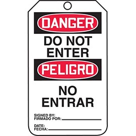 Accuform TMS111CTM PF-Cardstock Bilingual Spanish Safety Tag, Legend "Danger DO NOT Enter", 5.75" Length x 3.25" Width x 0.010" Thickness, Red/Black on White (Pack of 5)