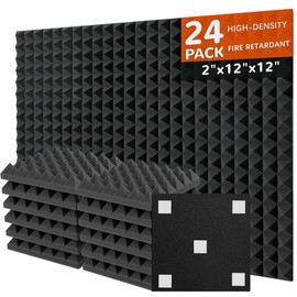 24 Pack Acoustic Foam Panels 2X 12x 12 Inches Saiqiang Sound Proof Wall Panels Pyramid Sound Proofing Absorbing Insulation Noise Reducing Black Dampening Foams