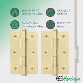 EAI Brass Door Hinges | 3 Inch / 76mm Satin Brass Internal Fire Door Hinges | 2 Pairs