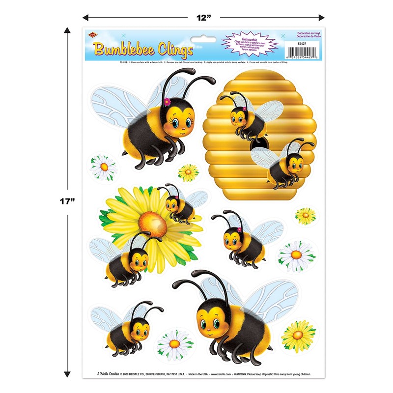 Beistle 54427 Bumblebee Clings, 12 by 17-Inch, Black/Yellow/White/Orange
