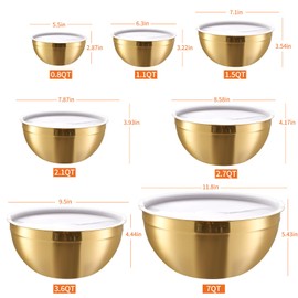 Onlycooker Gold Mixing Bowls With Airtight Lids,Stainless Steel Bowl,Salad Bowls 7 Piece Colorful Nesting Bowl Rainbow Kitchen Accessories,Size 7,3.6,2.7,2.1,1.5,1.1,0.8QT Stackable Design