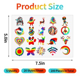 200 pieces of hippie tattoo stickers with waterproof function: Representing the symbol of love and peace - temporary tattoo stickers for tie-dye hippie parties