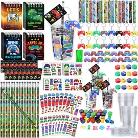 RoundFunny 265 Pcs Video Game Party Favors Drinking Cups Notebook Pencils Sharpener Keychain Slap Bracelets Ring Stamp DIY Sticker Tattoo Sticker Tag Twist Tie for Boy Kid Birthday Gamer Reward Gift