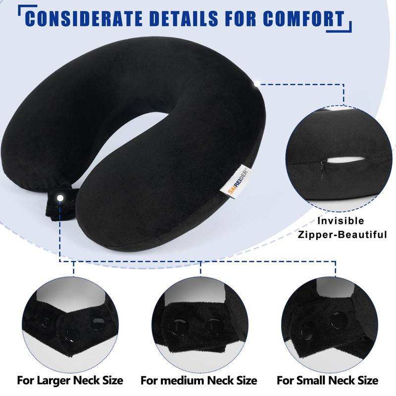 SAIREIDER Neck Pillows for Travel 100% Memory Foam Adjustable Travel