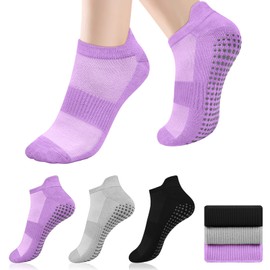 Tobfit 3 Pairs Pilates Socks for Women Non Slip Grip Sock Yoga Socks Ankle Grippy Sock Woman Black+Purple+Grey