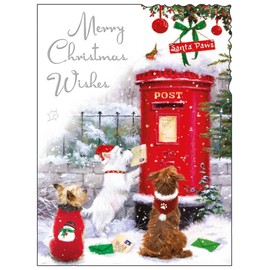 General Christmas Card - Dogs and Post Box in the Snow - Artistic Festive Design - Special Finishes and Illustrated Insert Leaf - Made in the UK