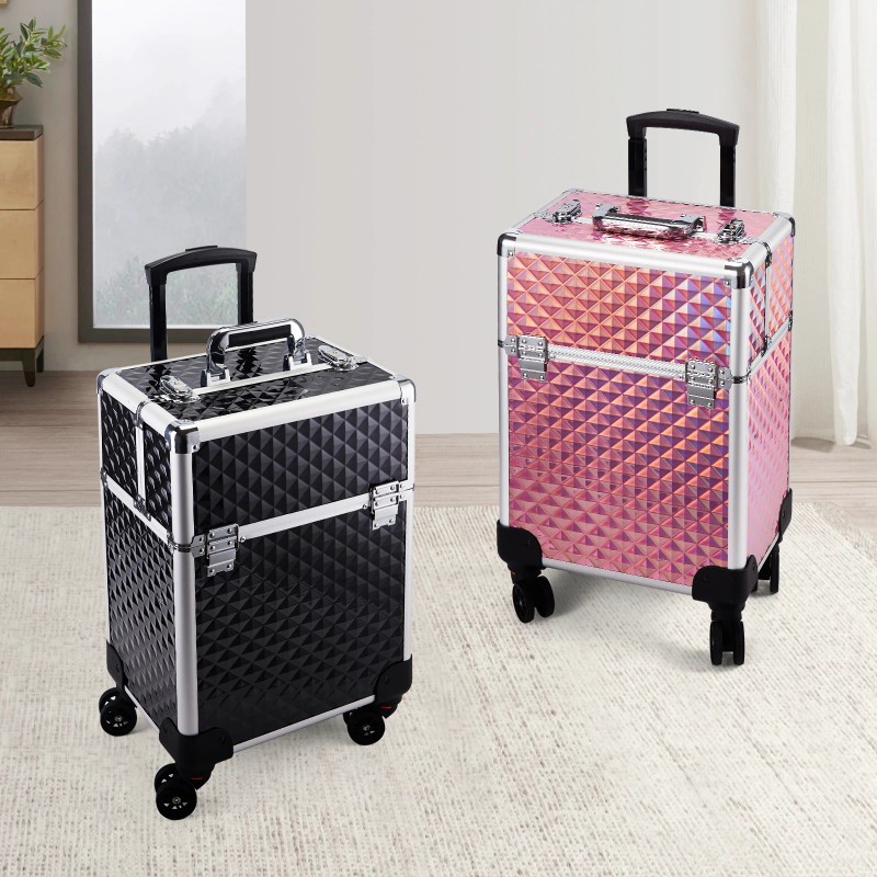 Rolling Makeup Case on Wheels 4 Tray Cosmetic Trolley with