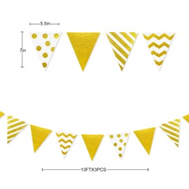 39Ft White Gold Triangle Pennant Banner Glitter Foil Polka Dot Stripe Paper Flag Bunting Garland Streamer for Birthday Anniversary Graduation Wedding Bridal Baby Shower Hen Party Decorations Supplies