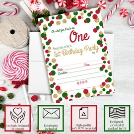 Christmas Invitations with Envelopes – Red Green and Gold Polka Dot 1st Birthday, 4 Pack 5x7 Double Sided Fill-In Invite Cards with Four White Envelopes Perfect for Christmas Birthday Parties