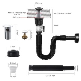 TSIBOMU Flexible Sink Drain Pipe Kits,Adjustable Bathroom Sink P Trap with Overflow Fits 1-1/4",1-1/2"and 2" Drain Hole,Chrome