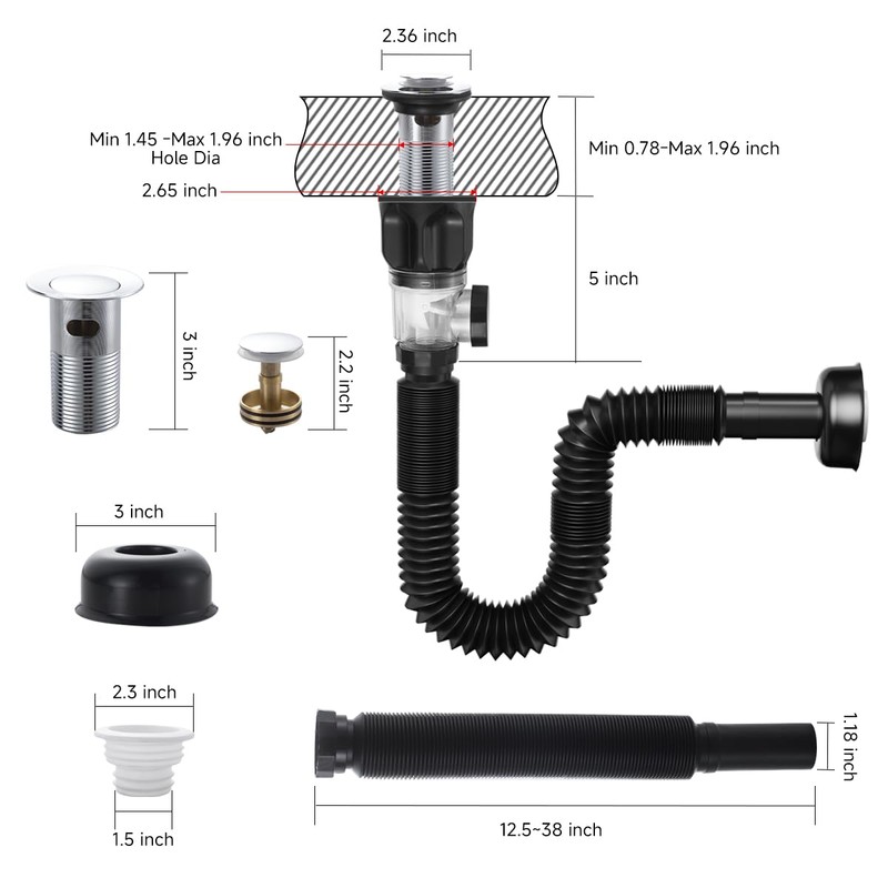 TSIBOMU Flexible Sink Drain Pipe Kits,Adjustable Bathroom Sink P Trap