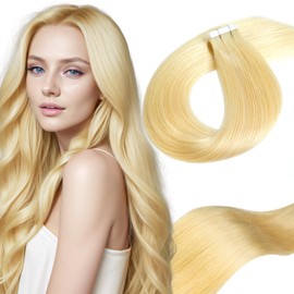 LieblichWelle Tape-In Real Hair Extensions, Bleached Blonde, 60 cm, 20 Pieces, 50 g/Pack, Salon Class Quality, Easy and Comfortable to Wear for Young Women (Bleached Blonde, 60 cm)