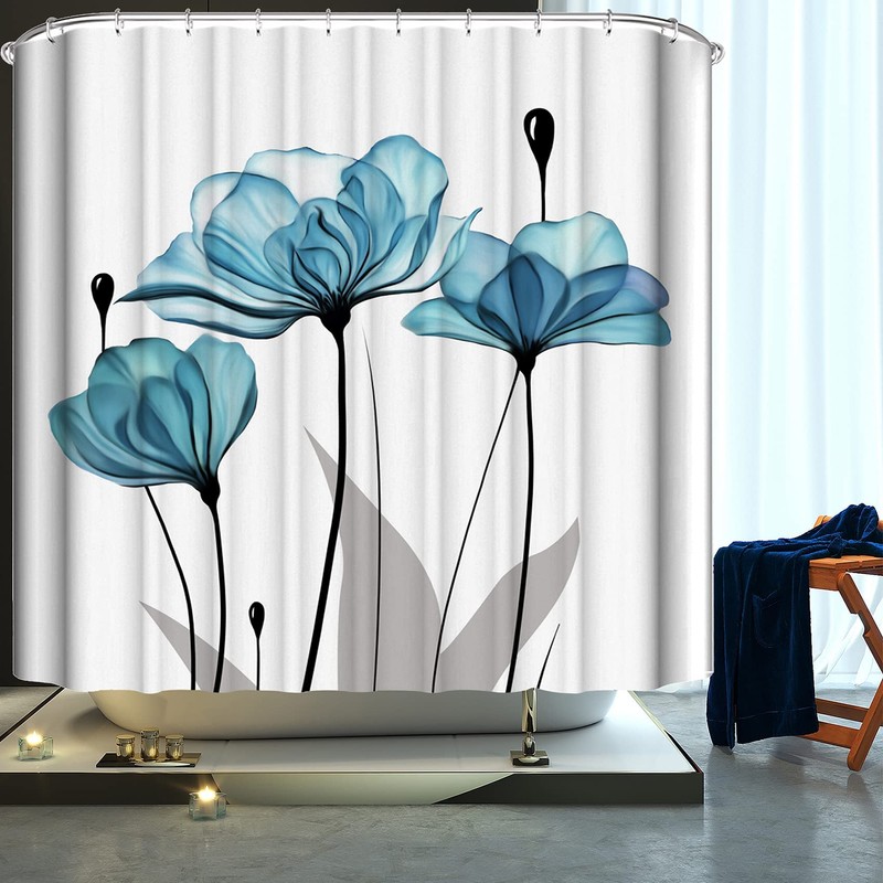LIVETTY Blue Floral Fabric Shower Curtains Water Mould Proof 180x180cm