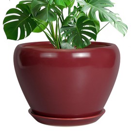 Ceramicfor 10 Inch Plant Pot - Ceramic Planter Pot with Drainage Hole and Saucer Large Planter for Indoor Plants Round Outdoor Flower Pot Mid-Century Decor Red