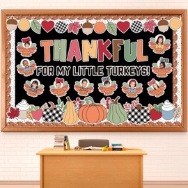 Thanksgiving Turkey Bulletin Board Set Fall Photo DIY Turkey Classroom Decorations Thankful for Our Little Turkeys Cutouts Autumn Leaves Pumpkin Borders for Door School Home Wall Decor