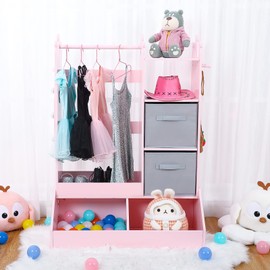 Bophy Girls' Dress up Storage with Light & Mirror, Kids Clothing Rack with Storage Bin, Girl's Open Hanging Armoire Closet, Pink