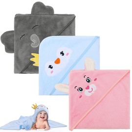 Kaisibum Pack of 3 Baby Towel Hood, Hooded Towel Baby, 80 x 80 cm Baby Towel with Hood, Coral Plush Towels, Bath Towel for Baby Bathing, Unisex (Grey Blue Pink)