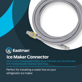 Eastman Ice Maker Connector, 1/4 Inch Compression, Flood Defender Auto Shutoff Valve, 10 Foot Flexible Braided Stainless Steel Hose, 98554