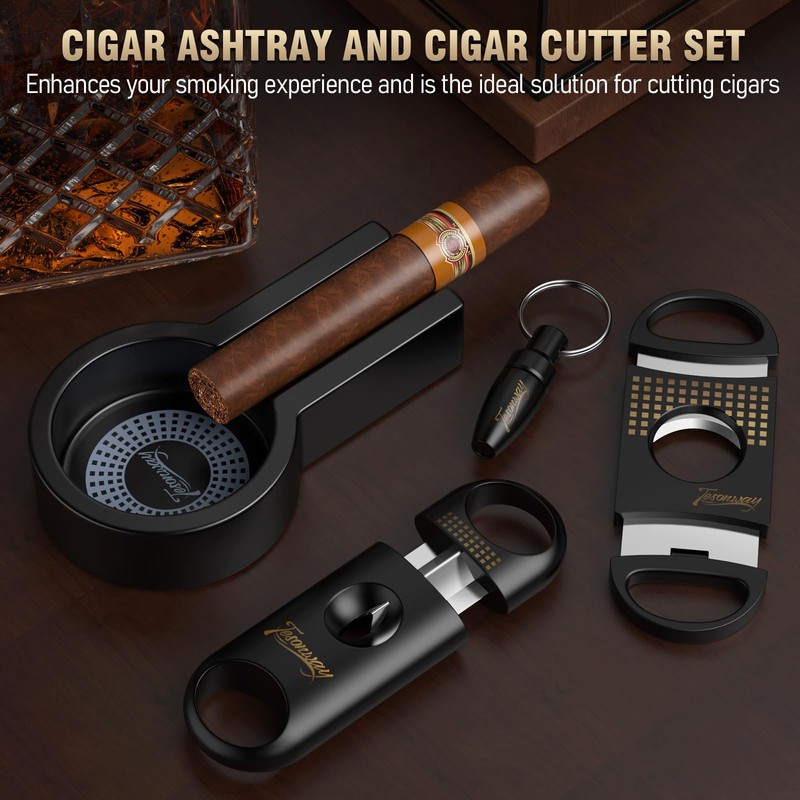 Tesonway Cigar Ashtray with Cigar Cutter Set, Cigar Cutter Guillotine,