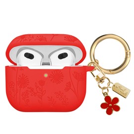 AIIEKZ Flower Engraved Case Compatible with AirPods 3, Soft Silicone Case for AirPods 3rd Generation with Cute Flower Keychain and Carabiner for Girls Women (Red)