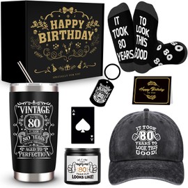 JTAMOHI 80th Birthday Gifts for Men, Unique 80 Year Old Birthday Gifts Box with 20 Oz Tumbler, Scented Candle, Socks, Baseball Cap, 80th Men Gifts for Husband, Dad, Grandpa, Friends, Teachers, Boss