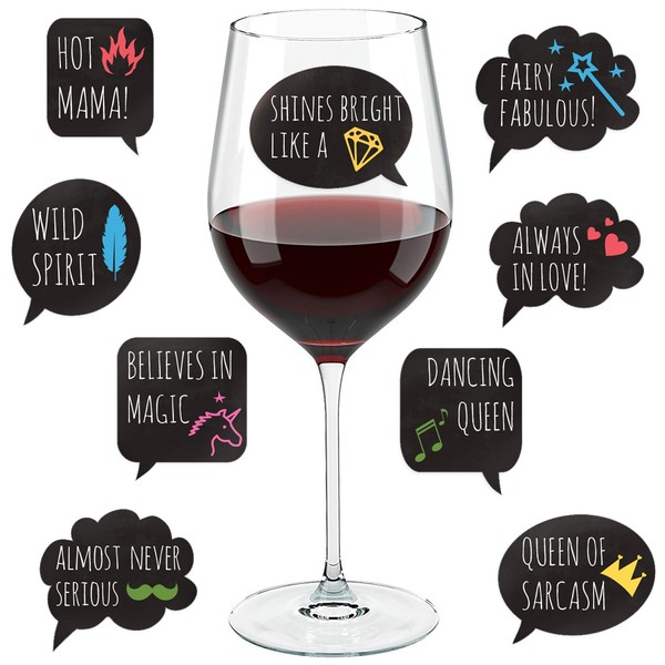 Funny Wine Glass Drink Markers - 18 Static Clings Reusable Glass Stickers - For Wine Tasting Party, Wine Gift and Favors