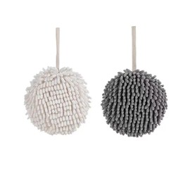 Evabliss Fuzzy Ball Towels, Hanging Fluffy Chenille Ball Towels Set of 2 for Bathroom/Kitchen, Thicked Water Absorbent Quick Dry (White+Grey)