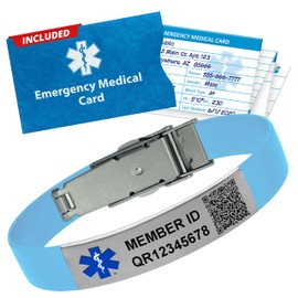 QR Medical Alert Bracelet for Men & Women – Medic Alert Band, Customizable, Durable & Adjustable Silicone Wristband, Includes Personal Health Record Access (PHR), Emergency Medical Card, Baby Blue