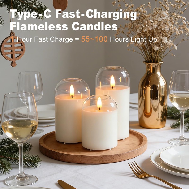 LEDHOLYT Rechargeable Glass Jar Flameless Candles, Realistic Flickering LED Pillar