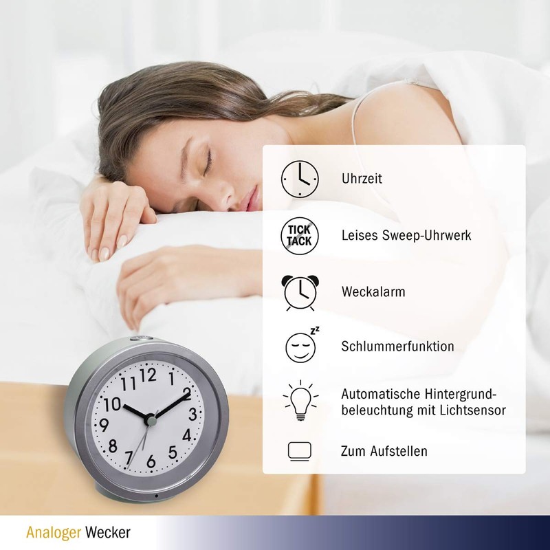 TFA Dostmann 60.1034.04 Analogue Alarm Clock with Silent Movement with