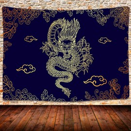 UHOMETAP Dragon Art Tapestry, Chinese Mythology Legend Dragon Tapestry Golden Dragon and Cloud with Flowers Tapestry Bohemian for Bedroom and Living Room Home Decor 80x60 Inches GTWYUH114