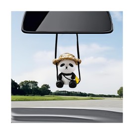 NYTKL Car Swinging Ornament, Straw Hat Panda Ornament Cute Rearview Mirror Pendant, Fun Panda Cartoon Animal Charm Auto Mirror Hanging Decoration for Women Girls, Car Accessories