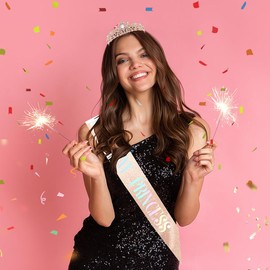 Rose Gold Birthday Sash, Tiara, and Princess Crown Set with Headband for Women and Girls - Birthday Decorations