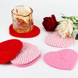 Koqye Handcrafted Valentine's Day Heart Shape Cotton Coaster, Cotton Coasters Pink Red Cup Mat Heart Shape Braided Woven Coaster for Tabletop Protection