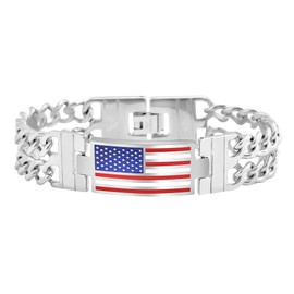 Edforce Stainless Steel Men's American Flag Double Curban Chain Bracelet (Silver)