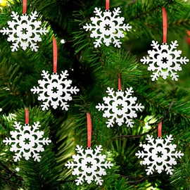 Hotop 41 Pieces Christmas Snowflake Ornaments Metal Snowflake Hanging Ornaments Christmas Tree Hanging Snowflake Decorations with Red Ribbon for Holiday Christmas Tree Party Decorations
