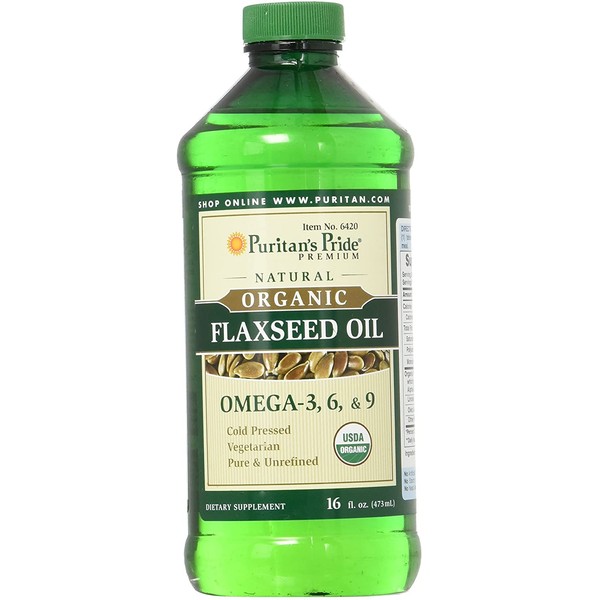 Puritan's Pride Organic Flaxseed Oil, Cold-Pressed, Source of Vegetarian Omega 3-6-9, 16 Fluid Ounce, Pack of 1