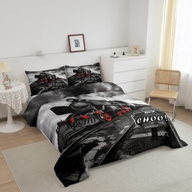 Retro Train Comforter Set Twin Size,Black Red Old Train Car Bedding Set Rail Transportation Vehicles Quilt Set for Kids Girls Boys Teens Room Decor,Vintage 3D Train Duvet Insert,1 Pillowcase