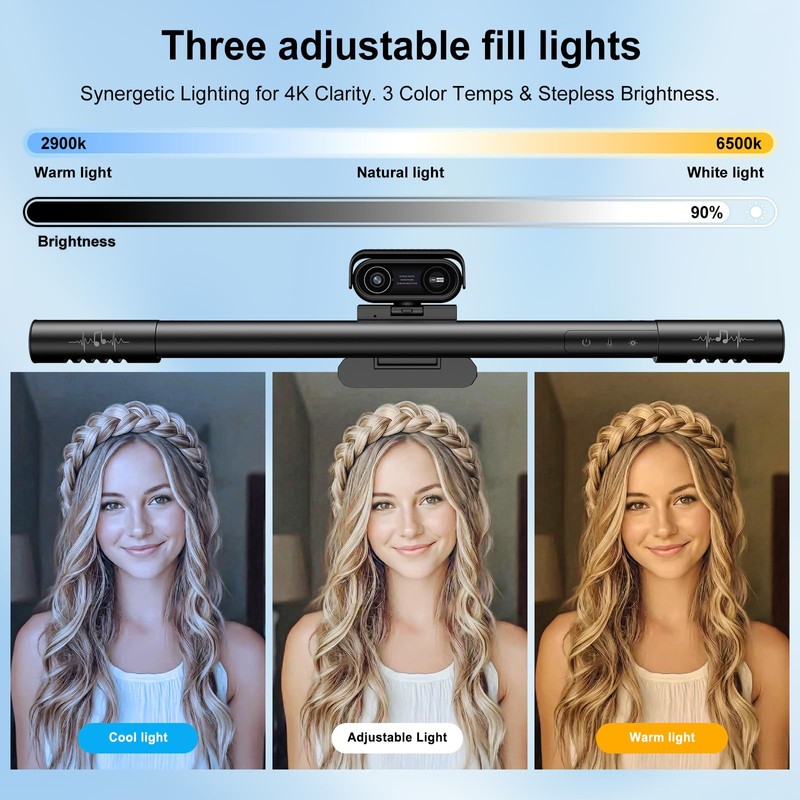 4K Webcam for PC with Microphone&Light,4-in-1 Web Cam with Speaker,Dual