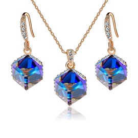 EVEVIC Colorful Cubic Austrian Crystal Pendant Necklace Earrings for Women 14K Gold Plated Hypoallergenic Jewelry Set (Blue Crystal/Rose Gold-tone)