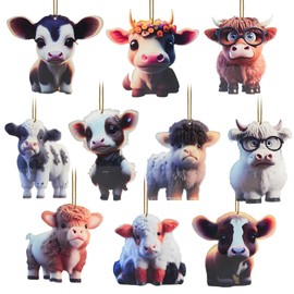 Gadluckki 2024 Christmas Cartoon Cow Hanging Ornament,10 Pcs Cute Acrylic Christmas Tree Decorations, 2D Flat Fun Swing Cow Animal Pendants for Car Interior, Wall, Window, Home Decor 10cm/3.93in