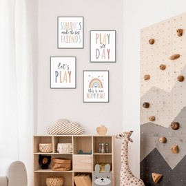 PLKMN Boho Playroom Decor Set of 4, Let's Play Wall Art, Rainbow Prints for Kids Room, Nursery, Bedroom, 8x10 Inch, Unframed