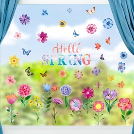 99 Pcs Spring Window Clings Flower Butterfly Window Stickers PVC Removable Summer Decals for Home Glass Decoration Spring Birthday Party Supplies(Cute Style)