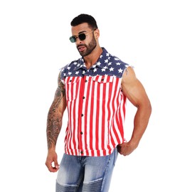 RongYue Men's American Flag Denim Vest Retro 4th of July Patriotic Sleeveless Jean Jacket Shirt Casual Loose Fit Lapel Vest (X-Large,Bright Red)