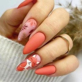 Almond Press on Nails Autumn Fake Nails Thanksgiving Maple Leaf Fox False Nails Full Cover Stick on Nails Fall Maple Leaf Glue on Nail Orange Acrylic Artificial Nail for Women Manicure Decor 24Pcs